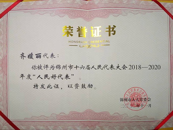 人大代表齐嫒丽荣获“锦州市人民好代表”荣誉称号